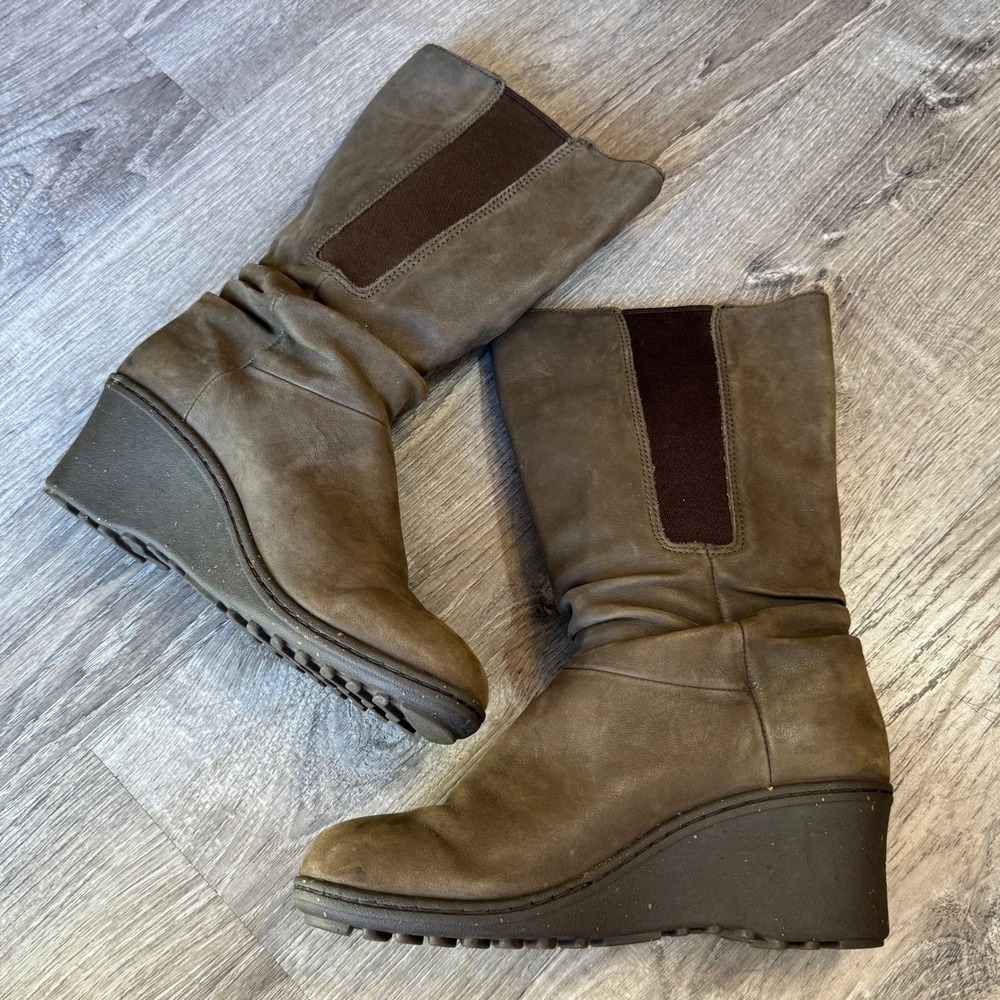 Keen Akita Brown Leather Slouch Wedge Boots Womens 8 1007695